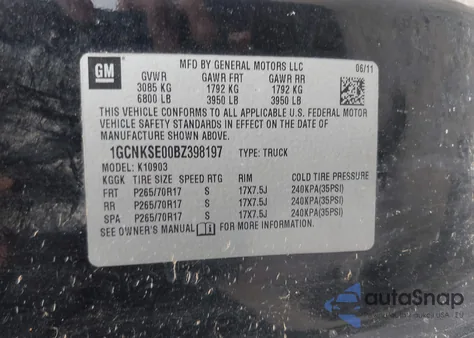 2011 Chevrolet Silverado 1500 Lt из США, поврежденный, VIN 1GCNKSE00BZ398197